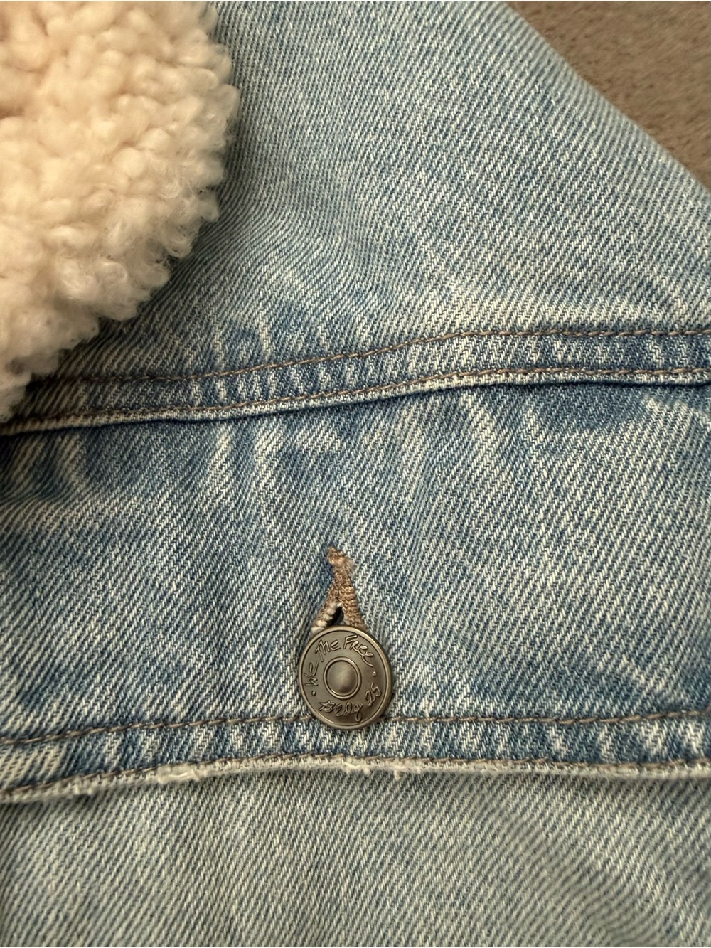 Free People Light Blue Denim Jacket with Brown Sherpa Hood - Picture 9 of 11